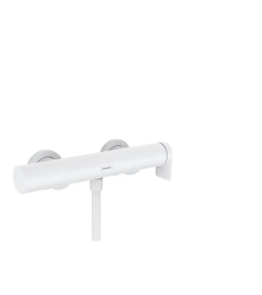 Weißer Einhebel-Brausemischer von Hansgrohe mit runden Bedienelementen und wandmontierter Auslauf. Minimalistisches Design ohne sichtbare Armaturen.